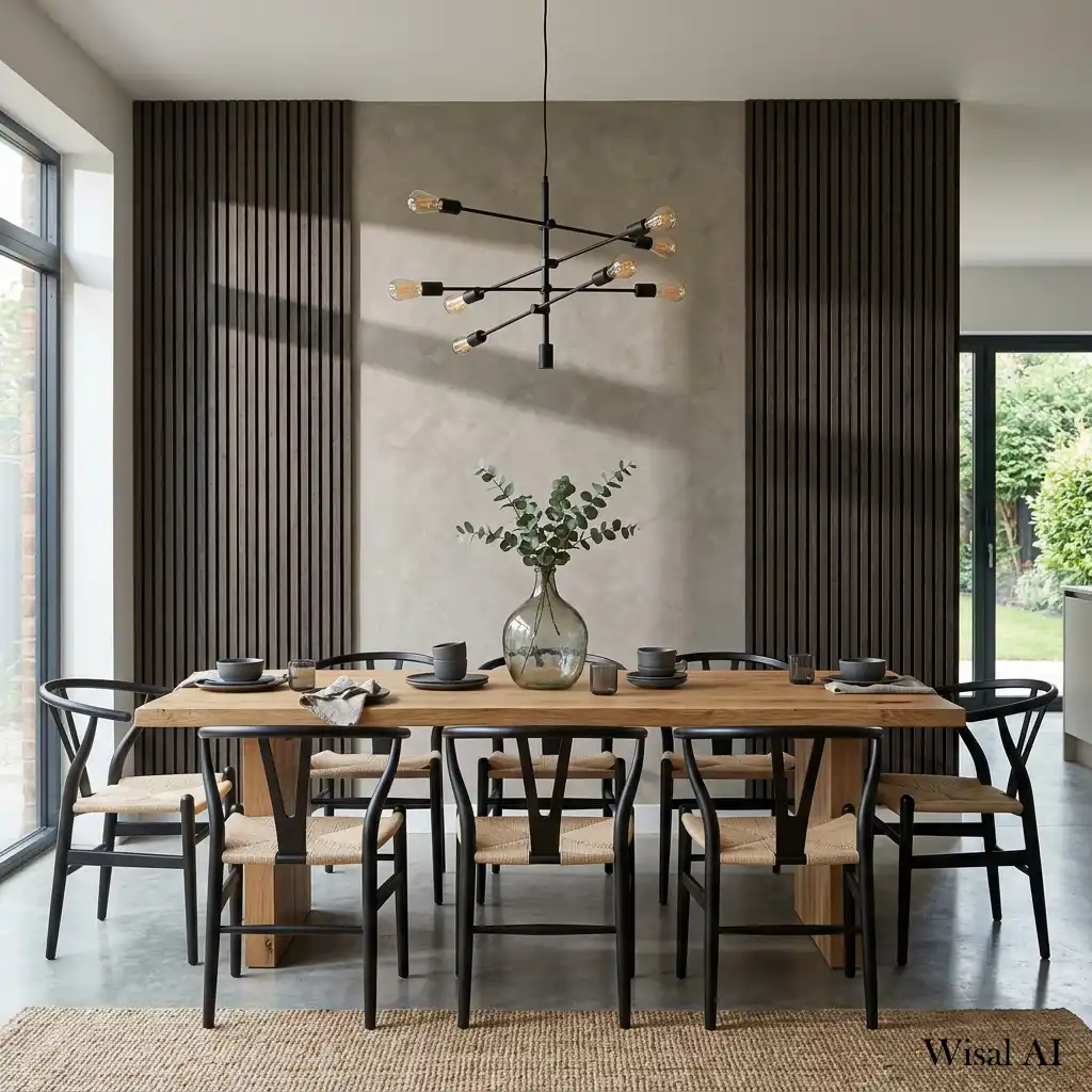 Modern dining room featuring a textured accent wall and contemporary furnishings
