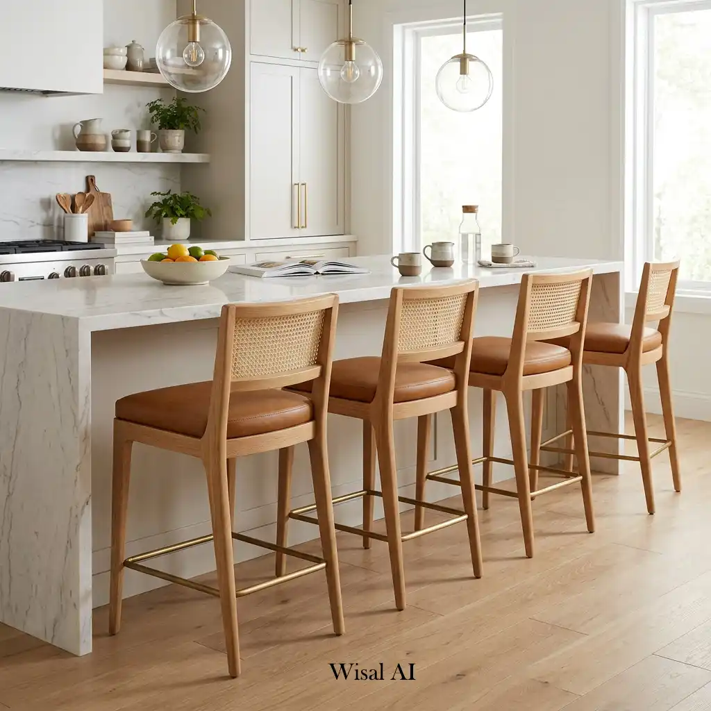 Elegant kitchen island with comfortable designer bar stools adding luxury and functionality.