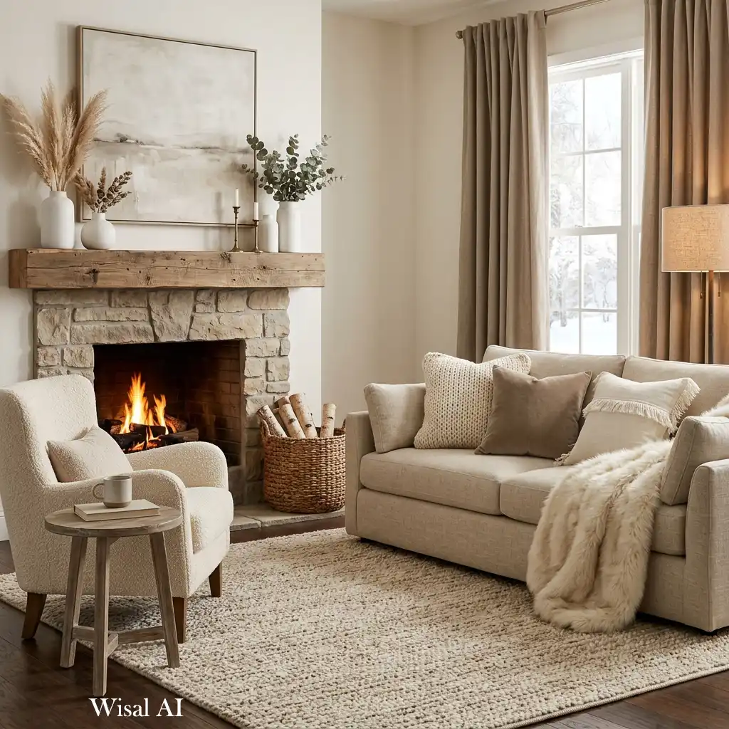 Warm neutral winter living room designed with layered beige tones.