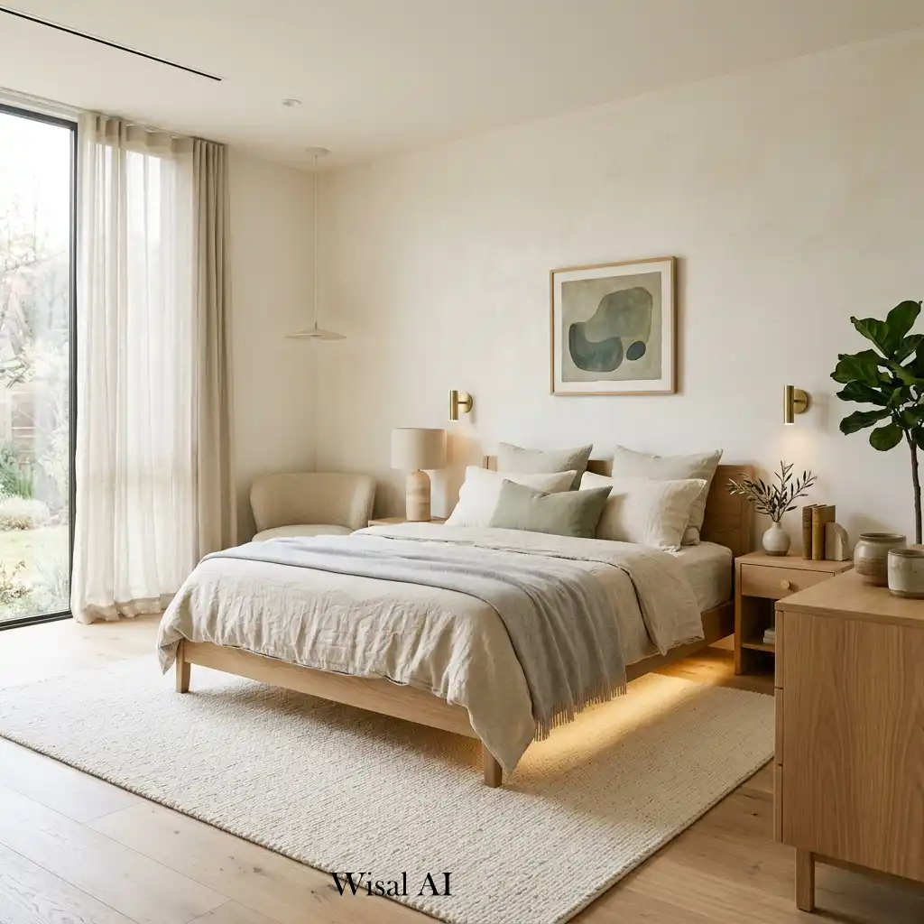Quiet luxury bedroom designed with premium white oak furniture and linen textiles.