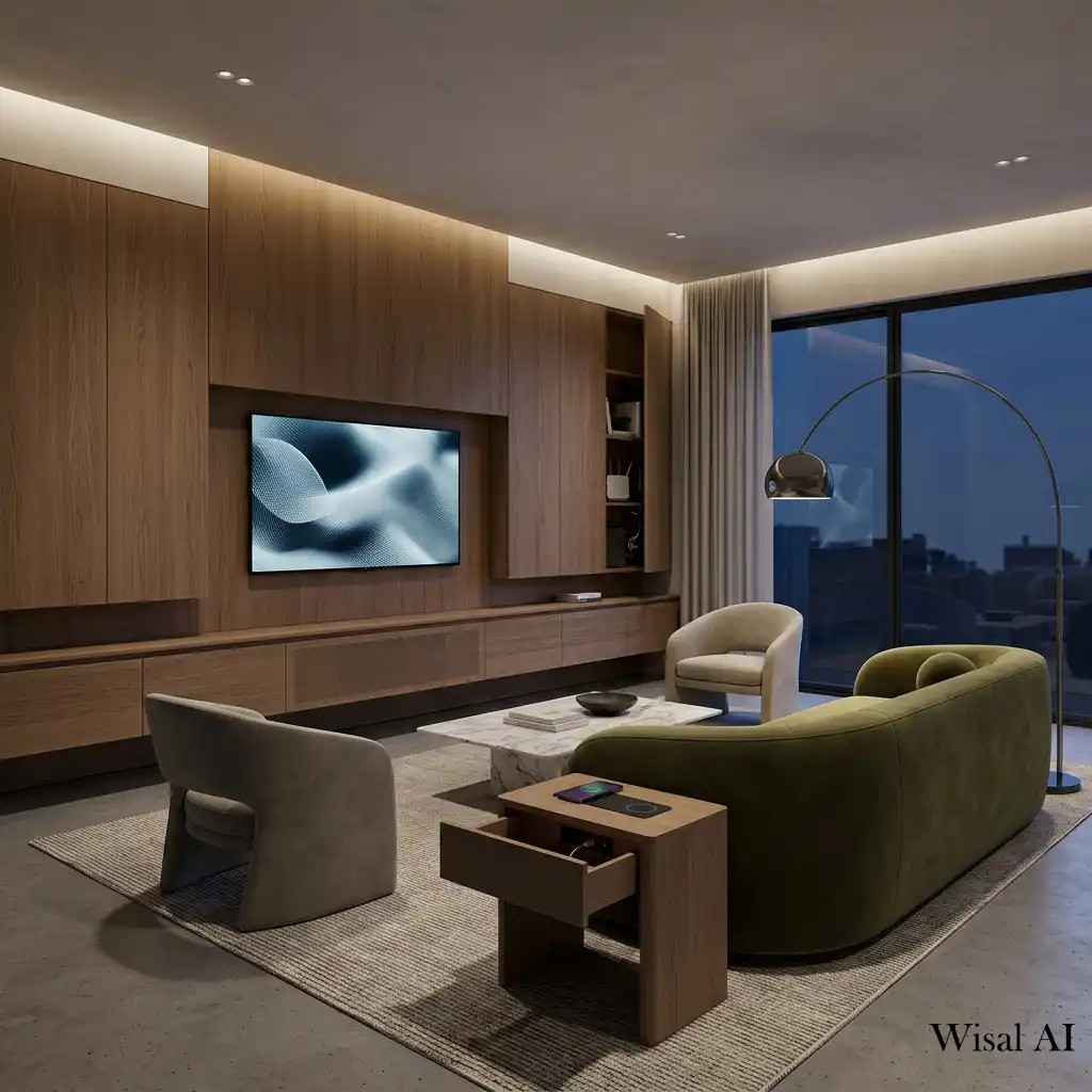 Concealed technology integrated into a custom media wall.