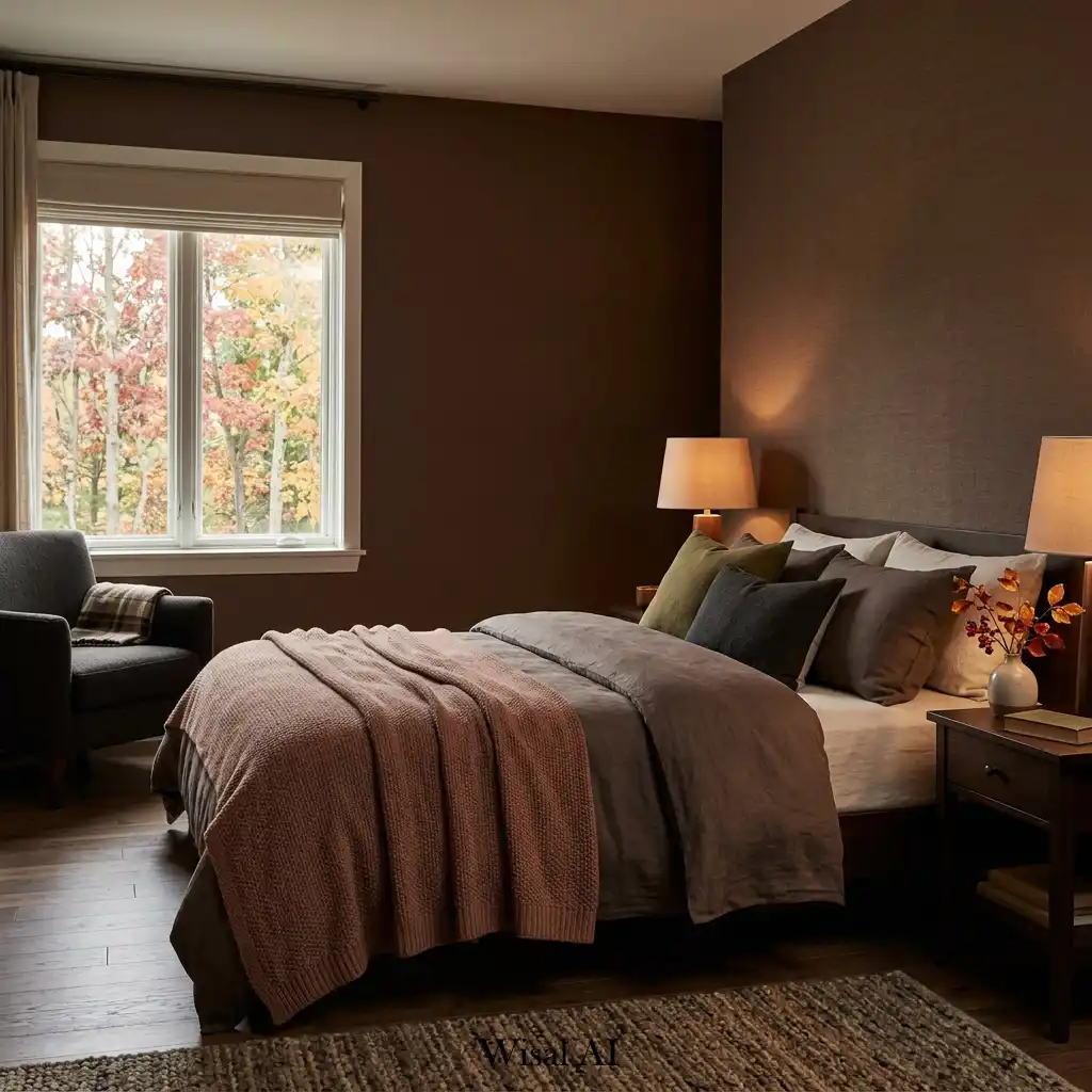 Moody autumn bedroom with deep earthy tones and warm textures.