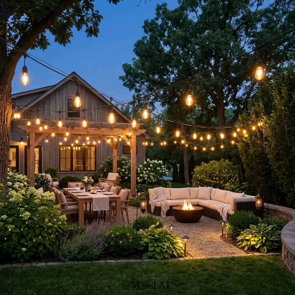 Backyard illuminated by warm string lights creating a cozy evening atmosphere