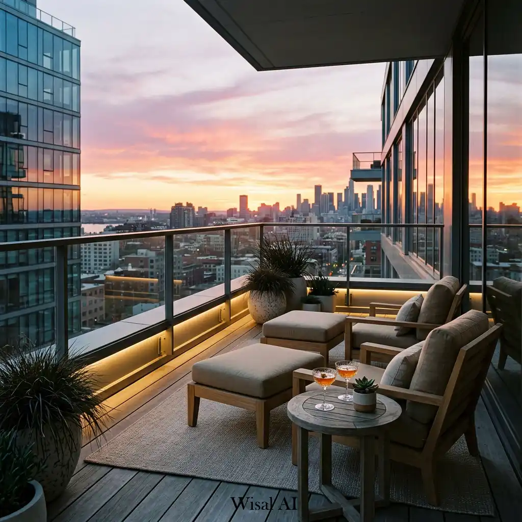 Elegant balcony lounge designed for watching sunsets over the city