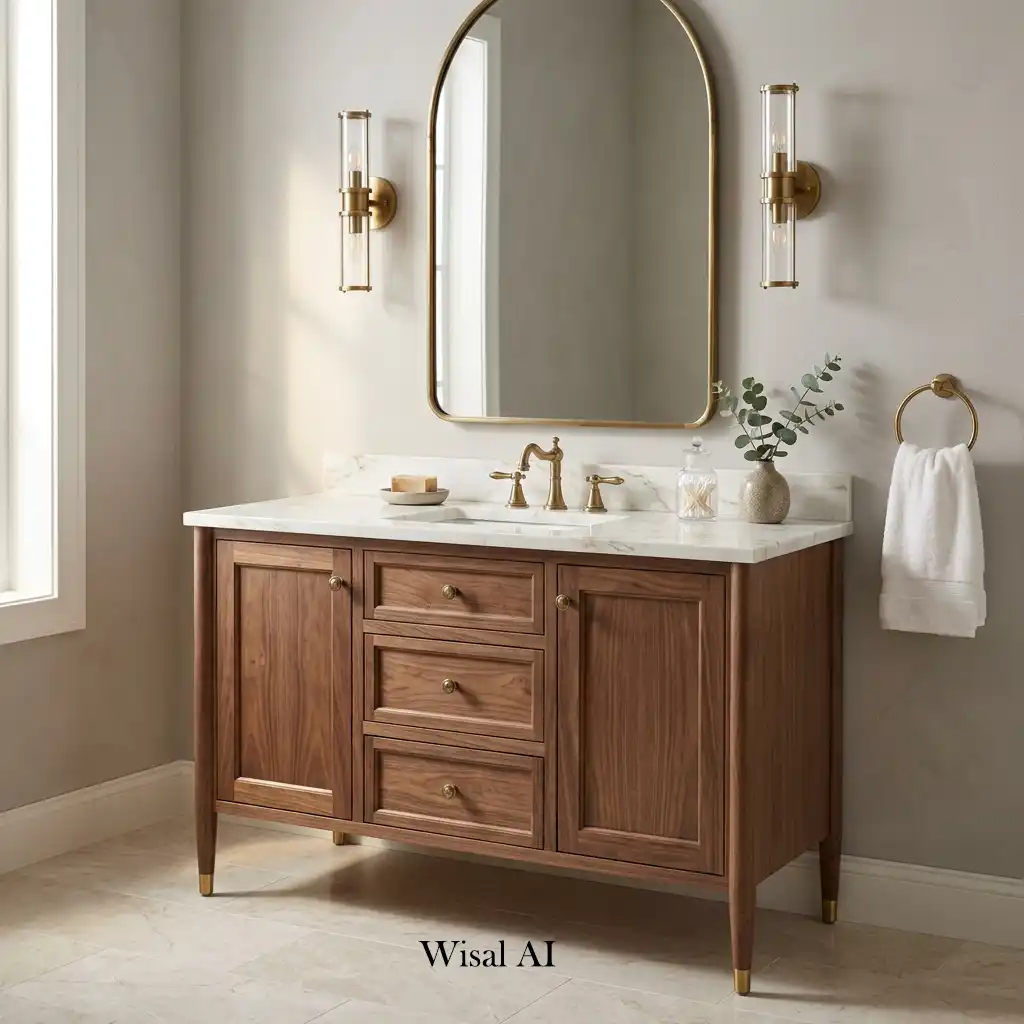 Furniture-style bathroom vanity with decorative wood craftsmanship and marble countertop.