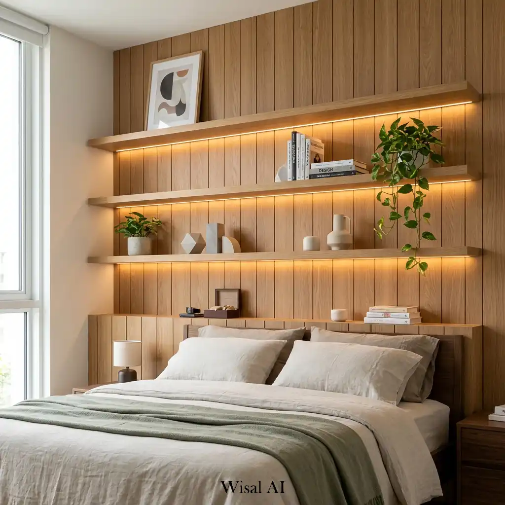 Bedroom wall paneling with built-in floating shelves and decorative styling.