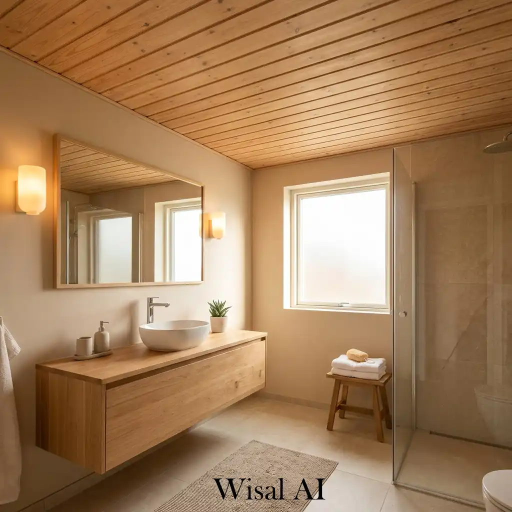 Beige bathroom with wooden ceiling cozy spa retreat style