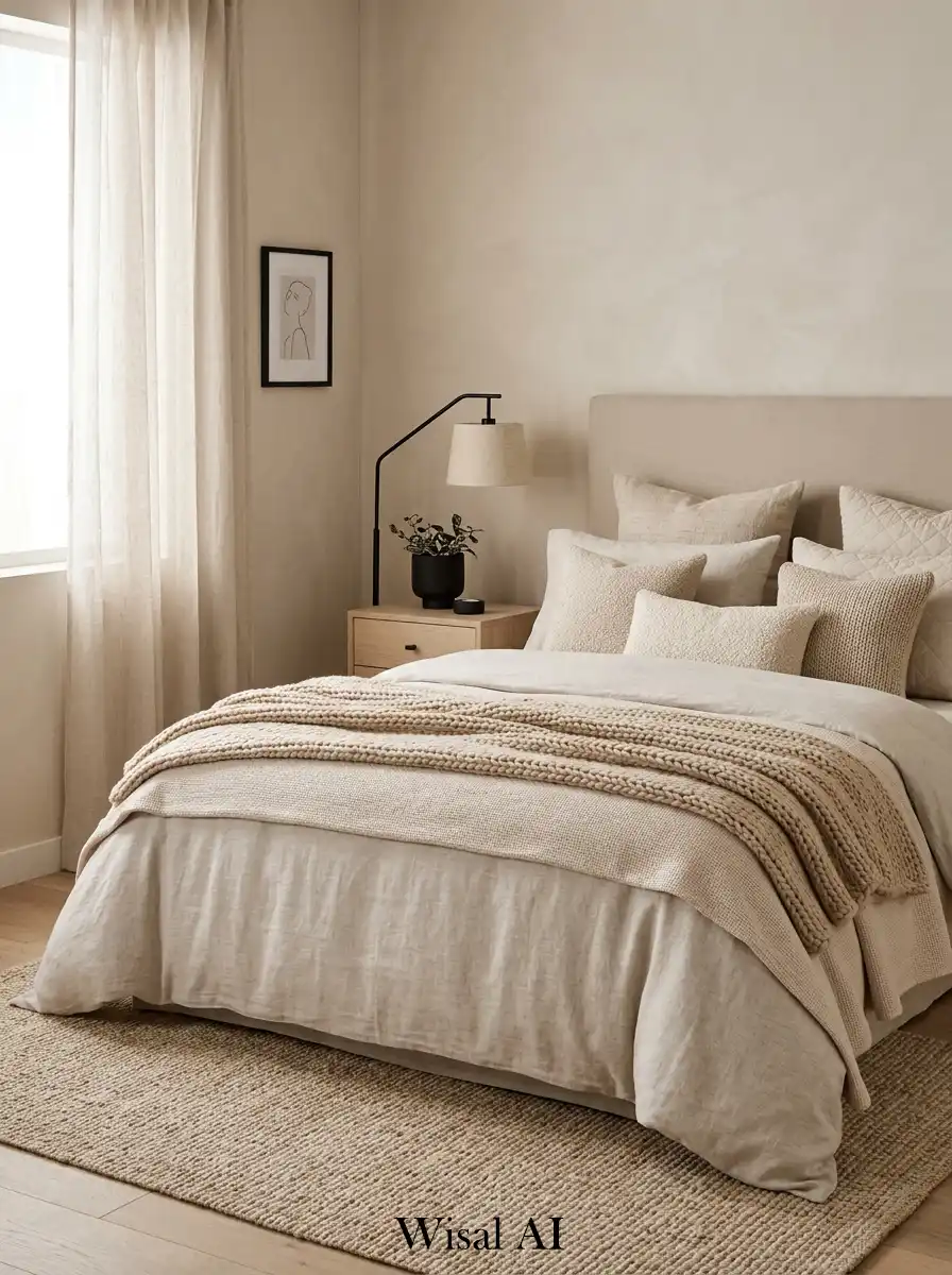 Textured beige bedroom with subtle black accents creating soft layered interior design.