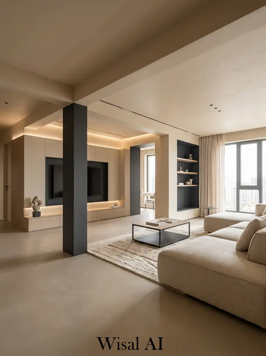 Luxury living room with charcoal wall panels beige soft furniture and warm ambient lighting design.