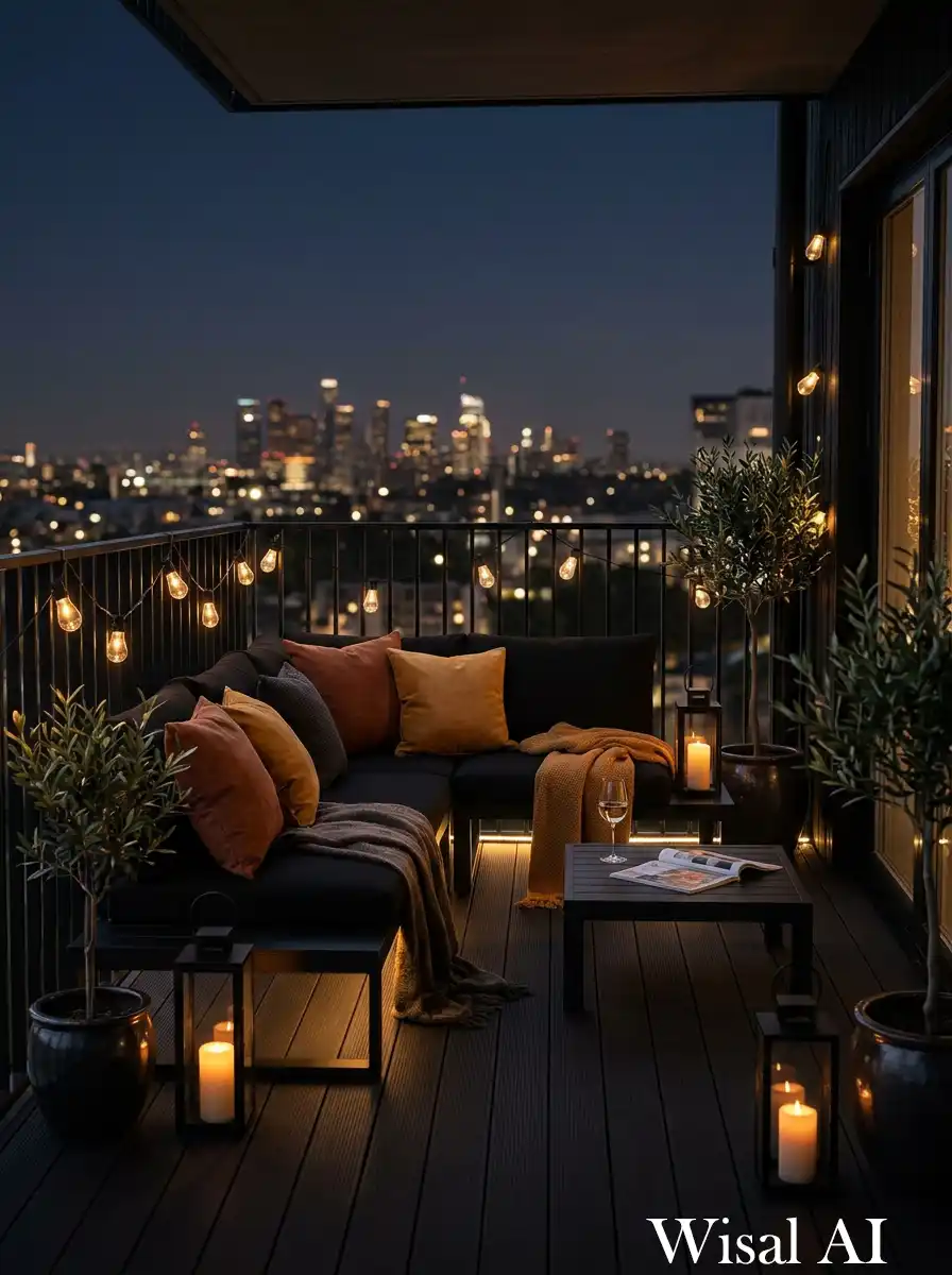 Warmly lit black balcony transformed into a cozy night lounge with soft lighting and relaxed seating.