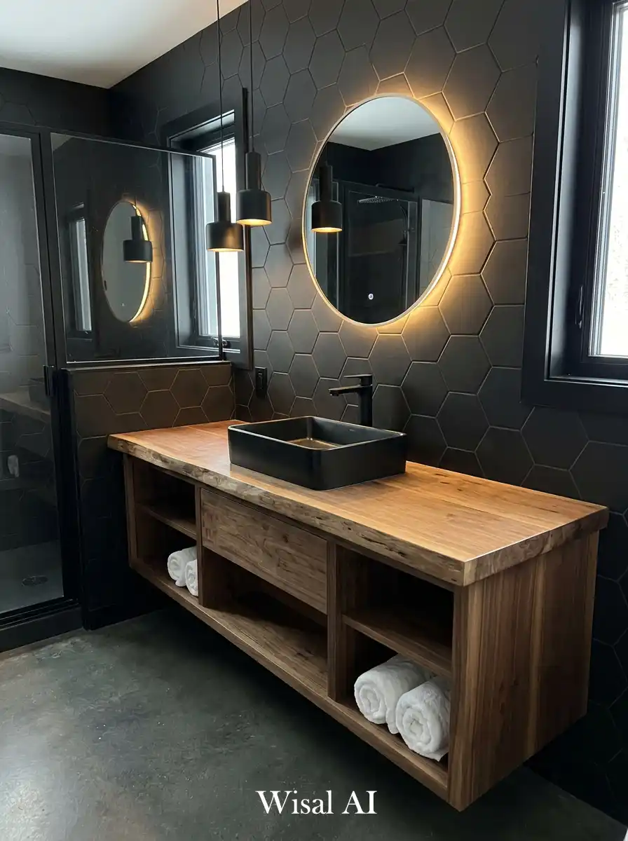 Warm black bathroom design combined with natural wood accents and organic texture.