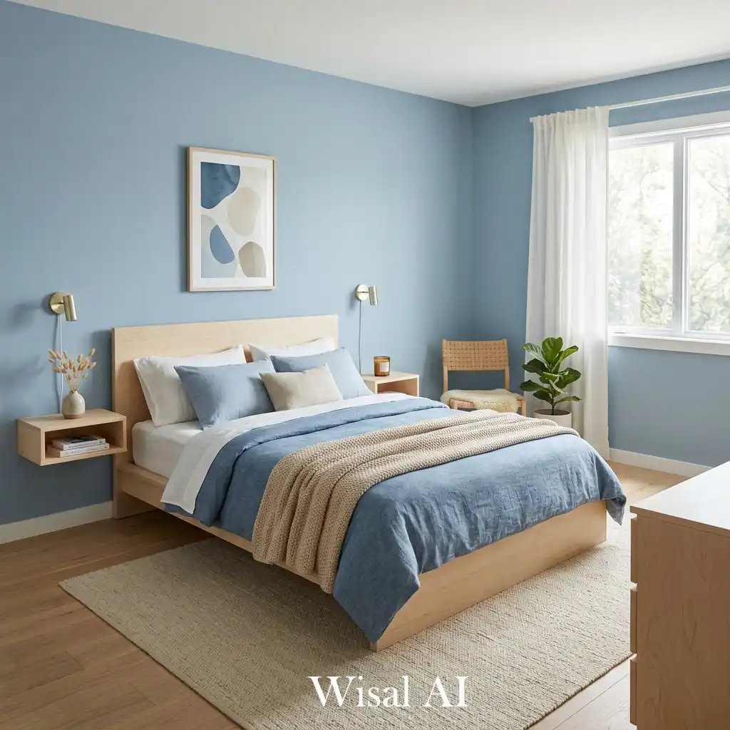 Natural wood and blue bedroom balanced interior style