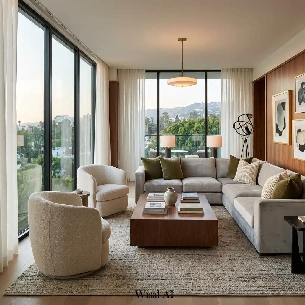 Bright luxury living room with expansive floor-to-ceiling windows