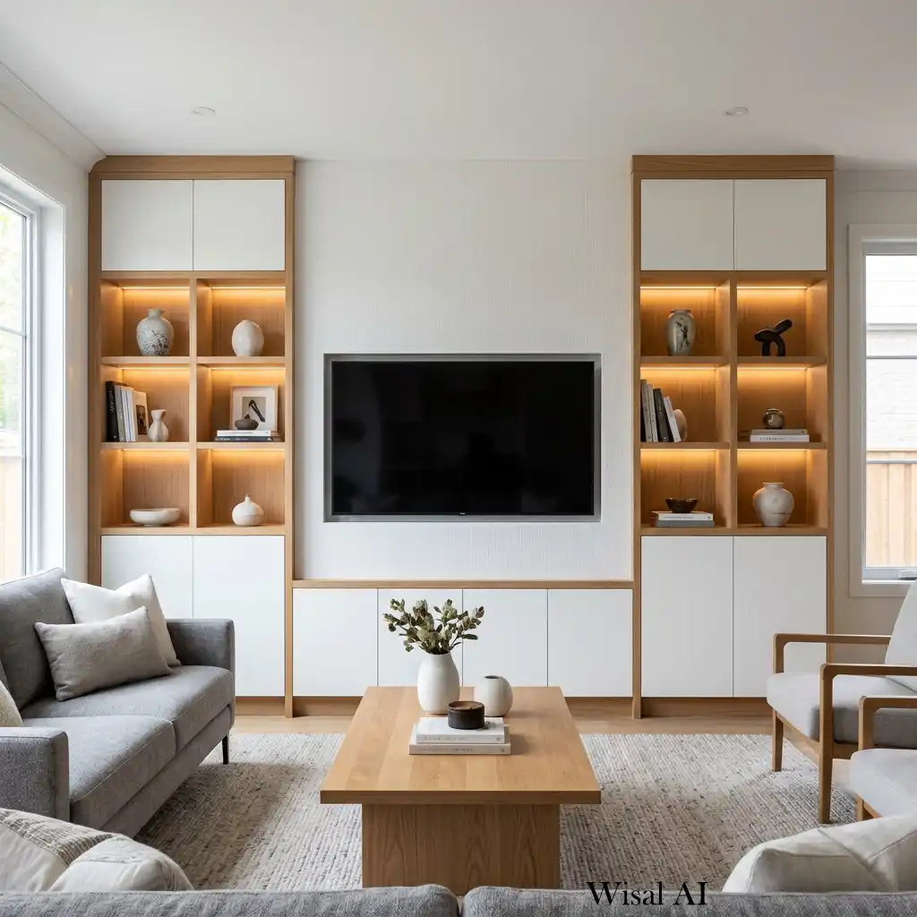 Symmetrical built-in TV wall with matching storage cabinets and display shelves.