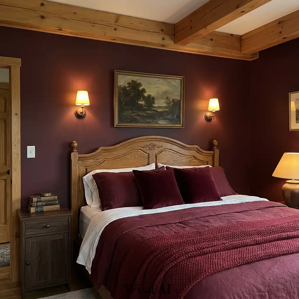 Warm burgundy and wood bedroom with layered bedding and cozy lighting