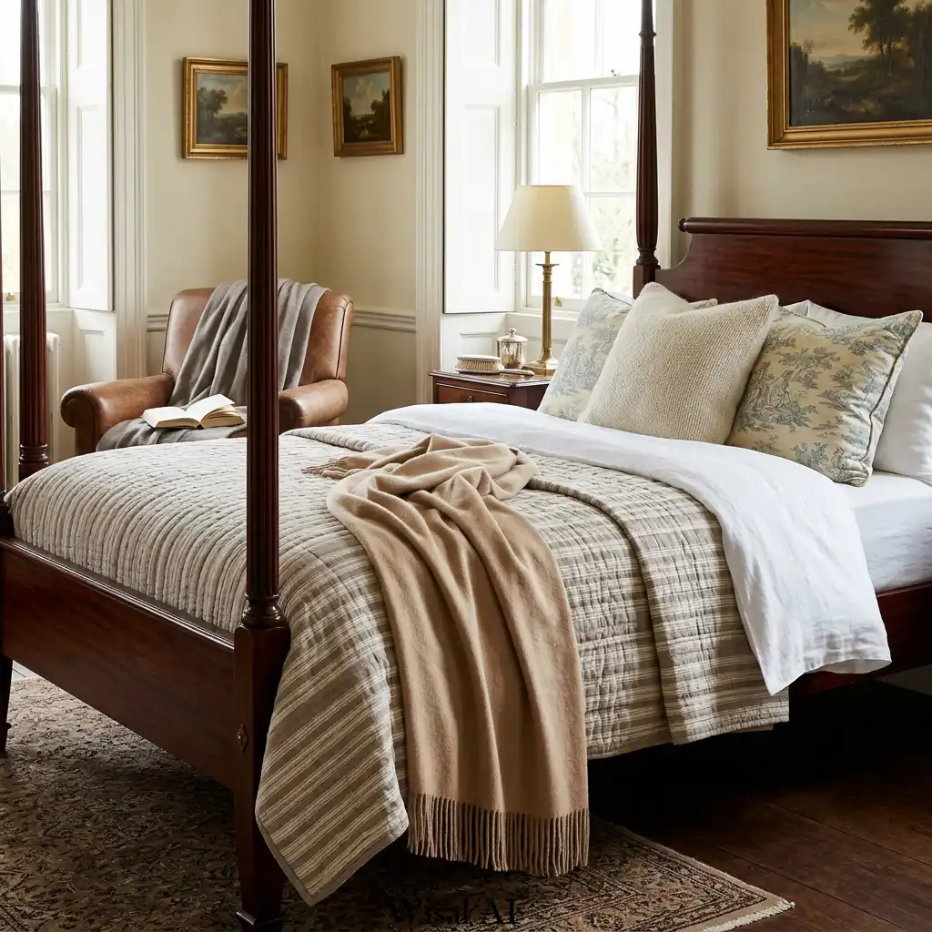 Cashmere throw layered on luxury old money bed