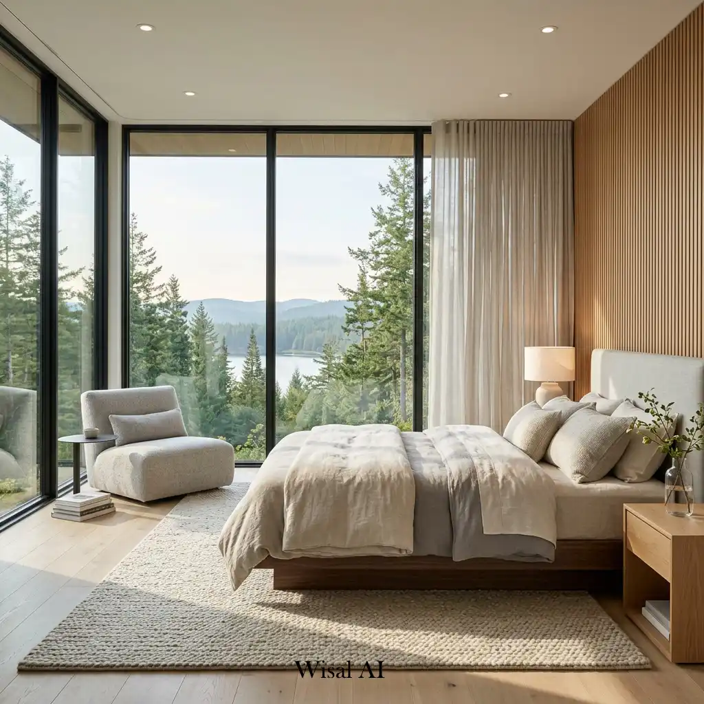 Bright contemporary bedroom with expansive floor-to-ceiling windows and natural light