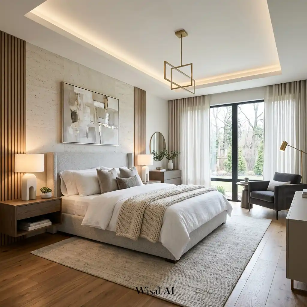 Contemporary luxury master bedroom with modern furniture and clean aesthetic