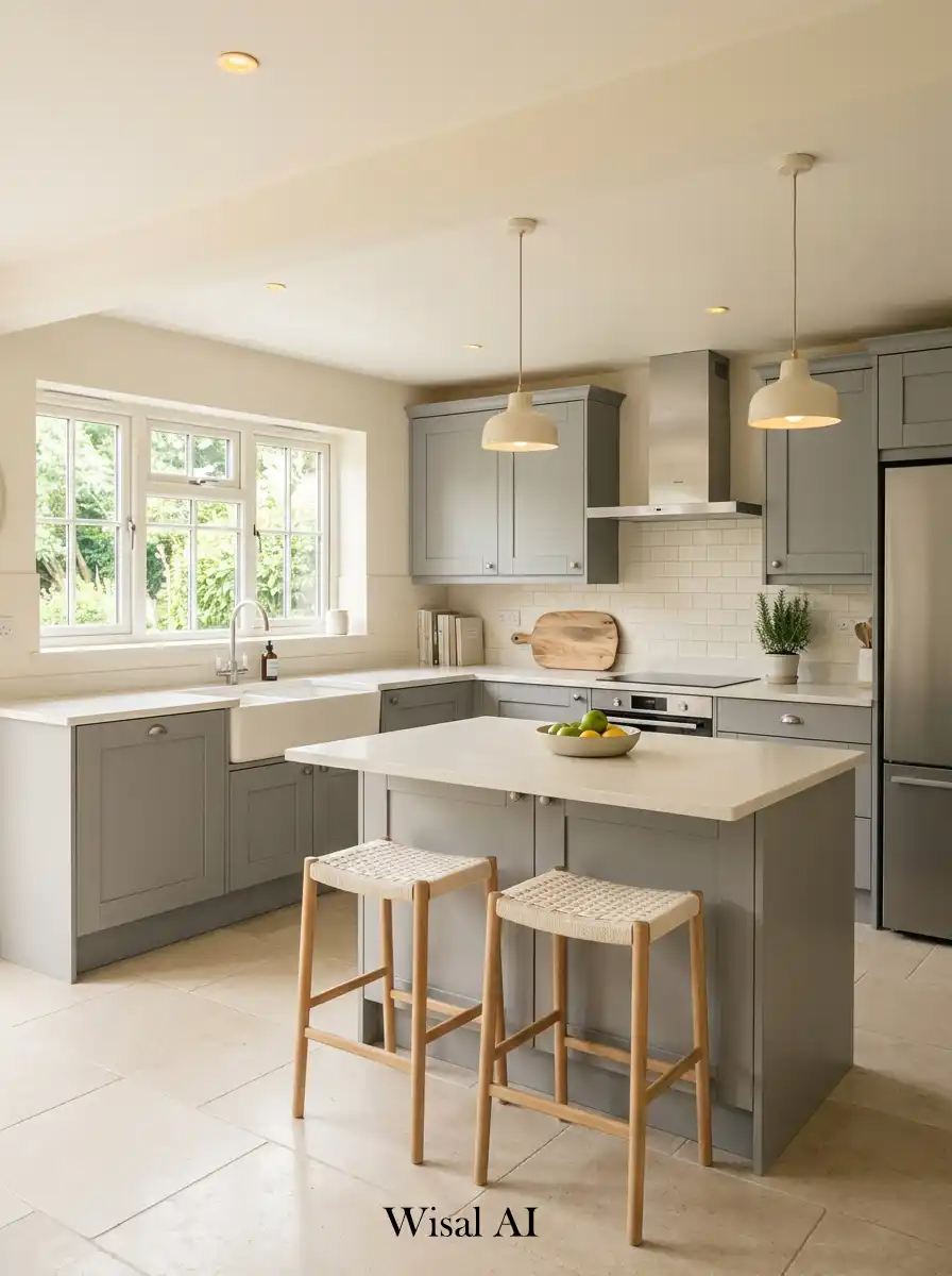 Balanced kitchen design with cream surfaces and soft gray accents in modern harmony.