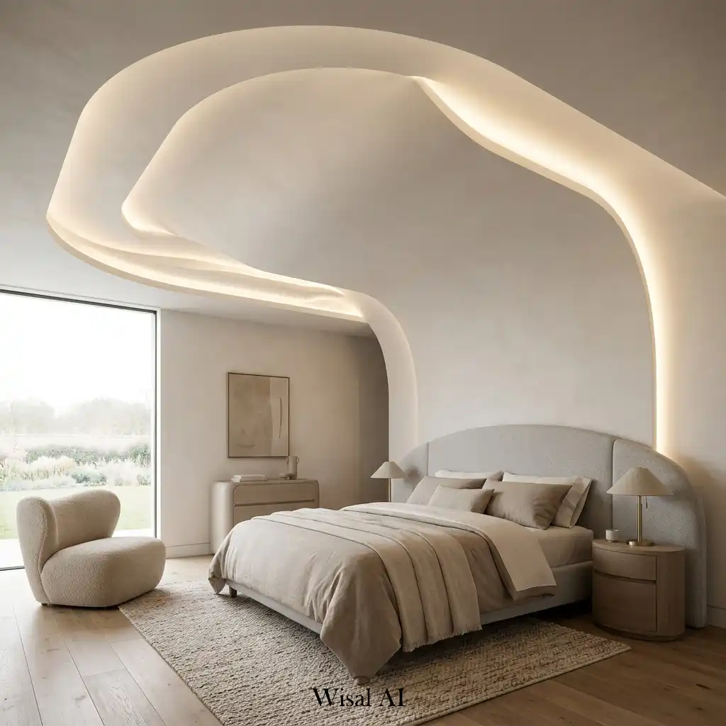 Modern bedroom featuring a softly curved ceiling with integrated LED lighting.