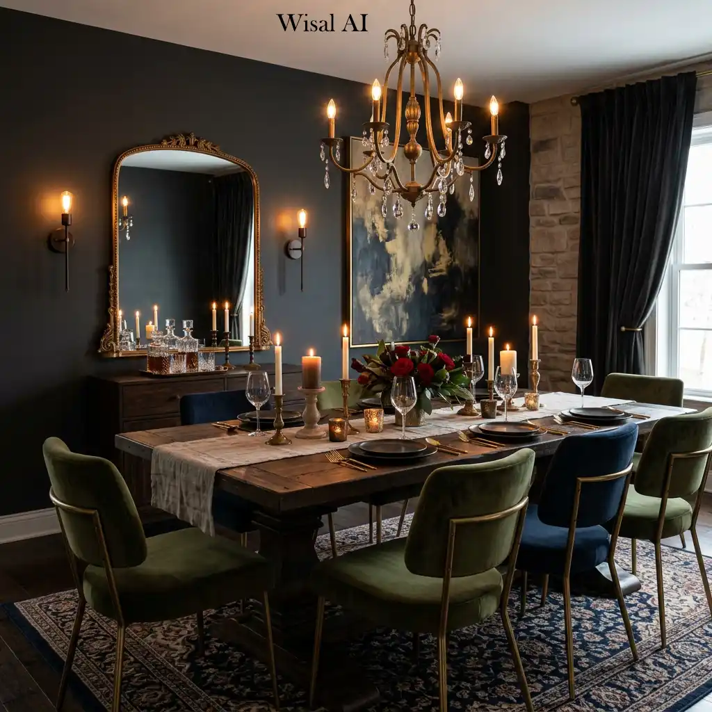 Dark moody dining room with rich colors, layered lighting, and dramatic elegance