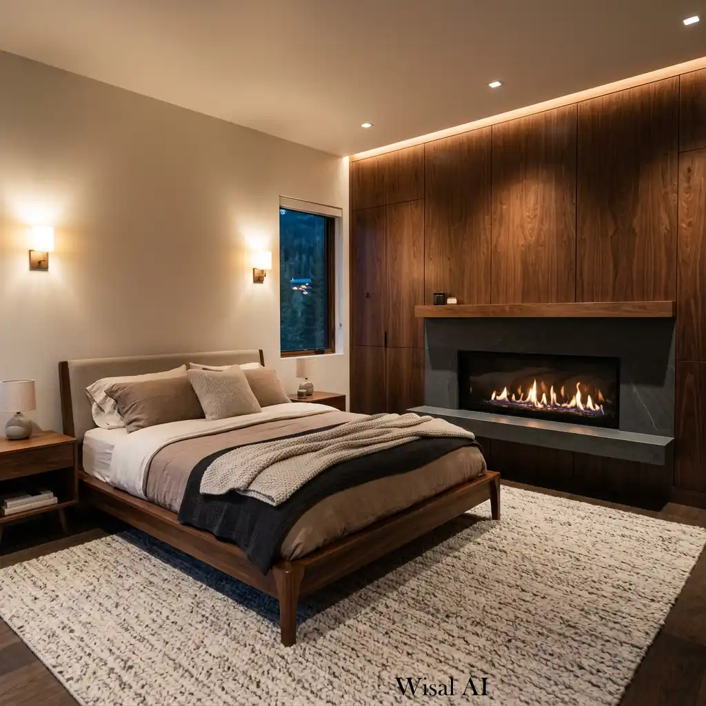 Dark wood bedroom with a fireplace feature wall and cozy seating area.