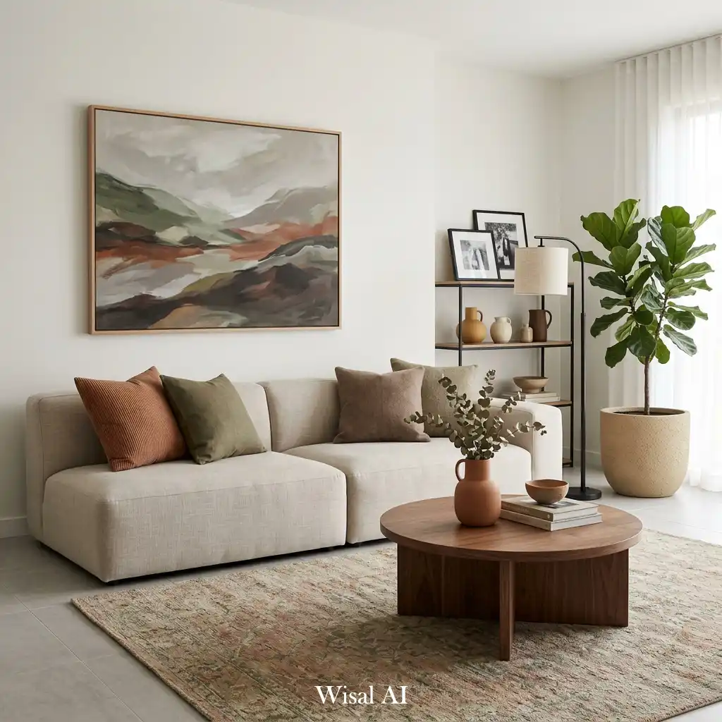 Contemporary living room with earth-tone accents and warm natural colors