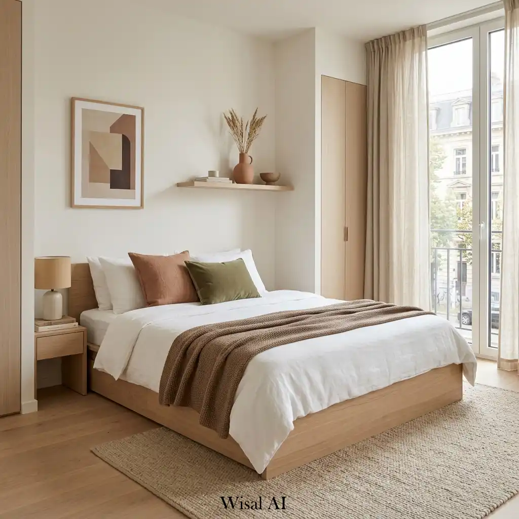Modern bedroom with earth-tone accents and warm natural color palette
