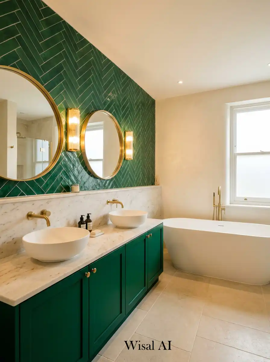 Luxury bathroom featuring emerald green walls gold fixtures and boutique hotel inspired elegant interior design.