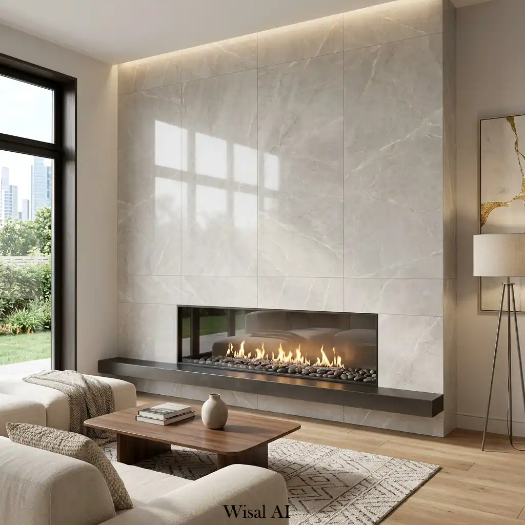 Modern fireplace surrounded by seamless large-format porcelain wall panels