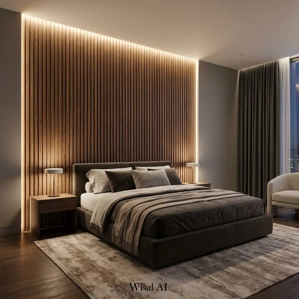 Wood slat feature wall with concealed cove lighting creating a floating effect.