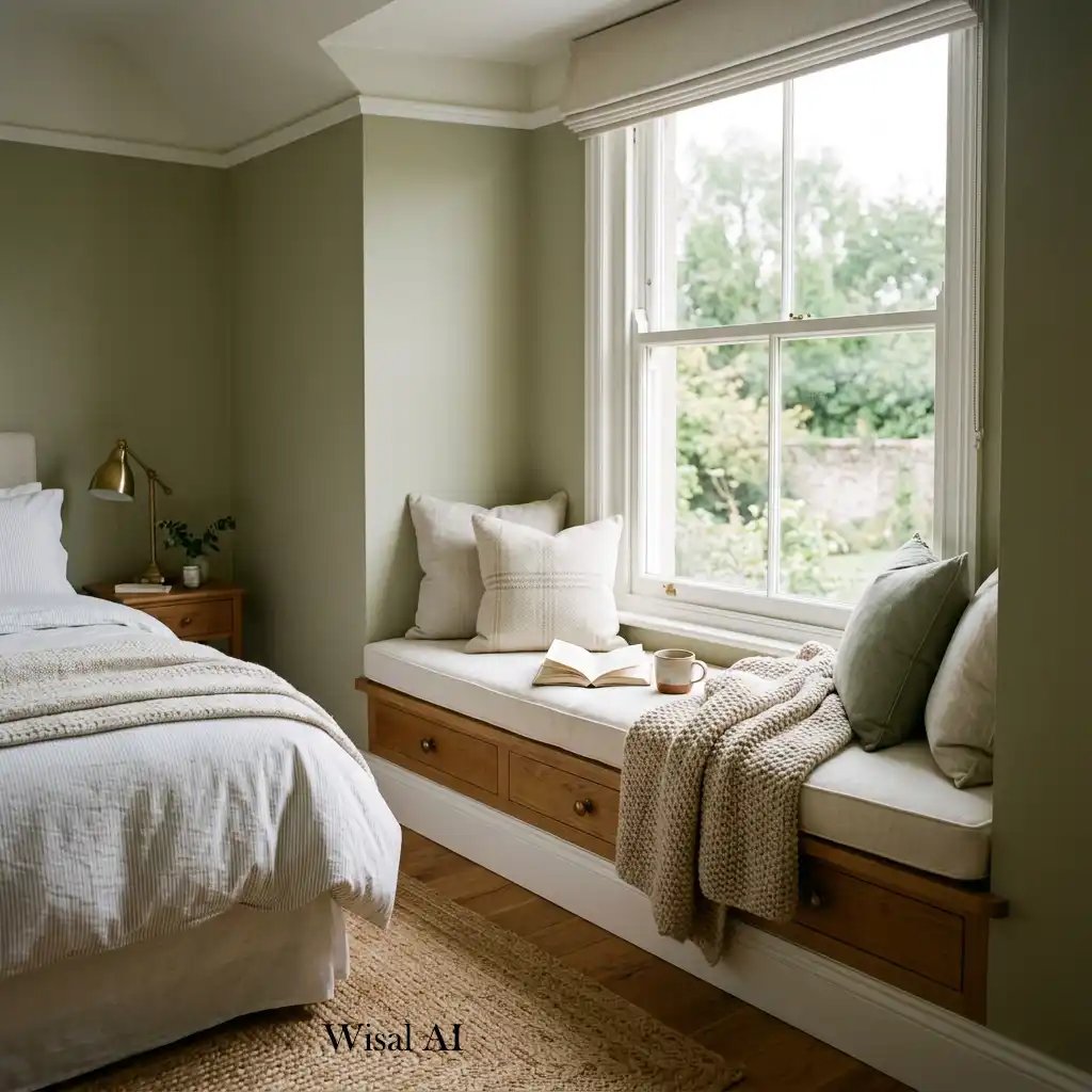 Guest bedroom with a comfortable window seat and relaxing corner.