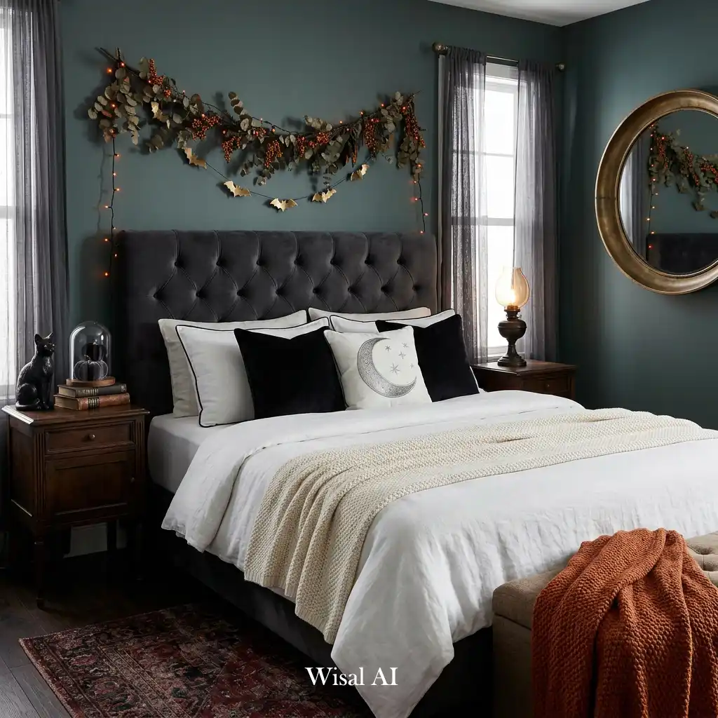 Halloween bedroom featuring a luxurious dark velvet headboard.