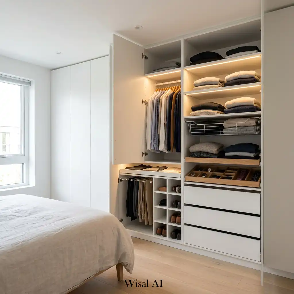 Built-in floor-to-ceiling wardrobe with concealed storage.