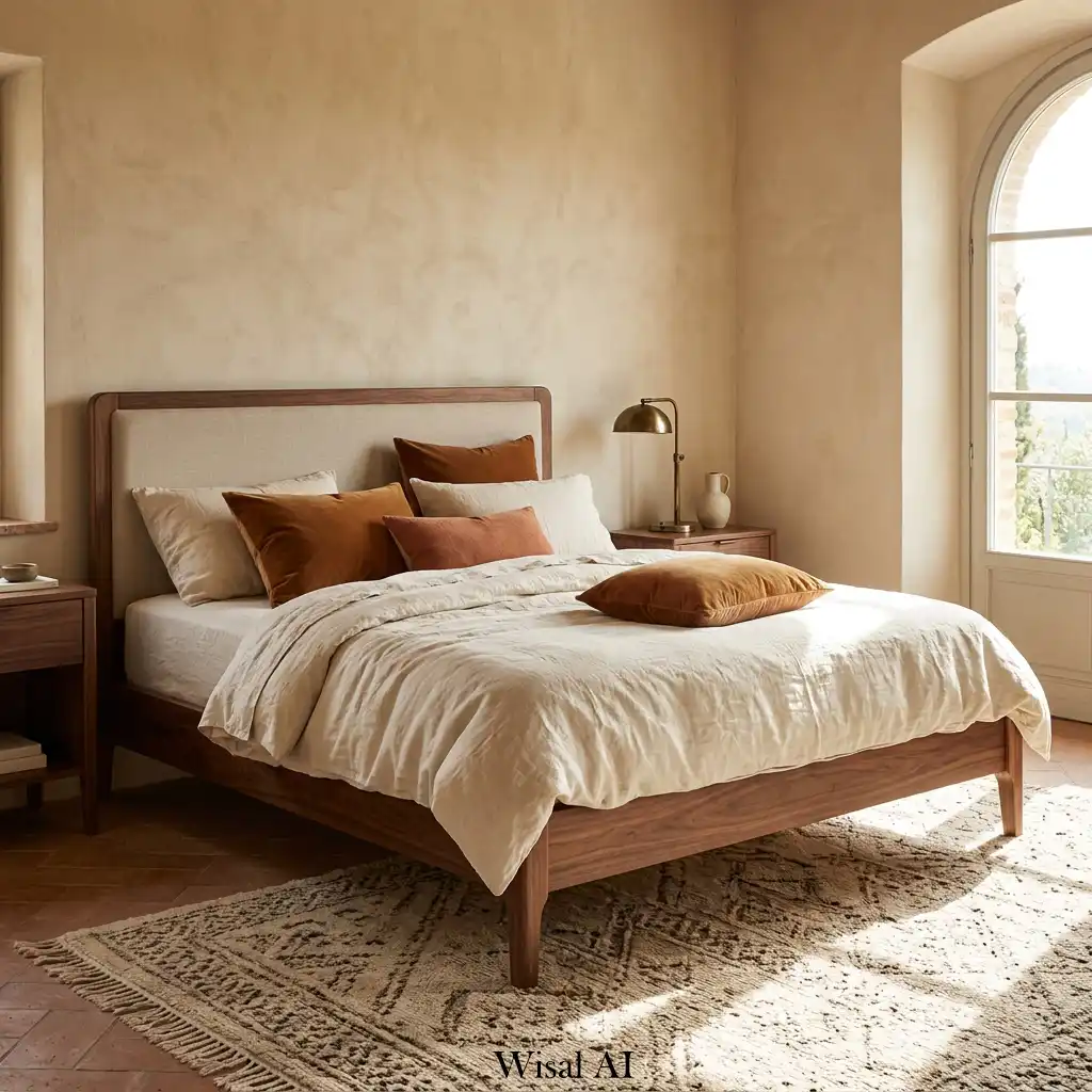 Italian villa bedroom with burnt caramel velvet and walnut furniture