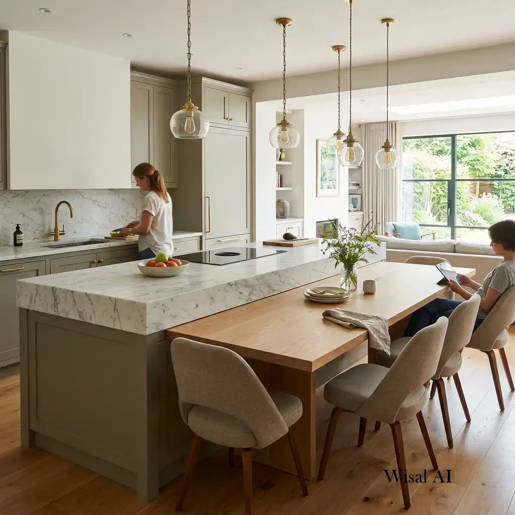 Kitchen island connected to a built-in dining table with contemporary seating.