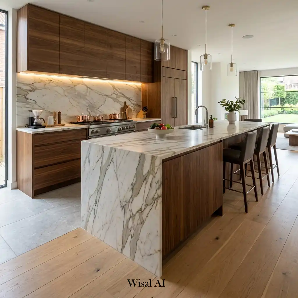 Luxury kitchen combining marble surfaces with warm wood cabinetry
