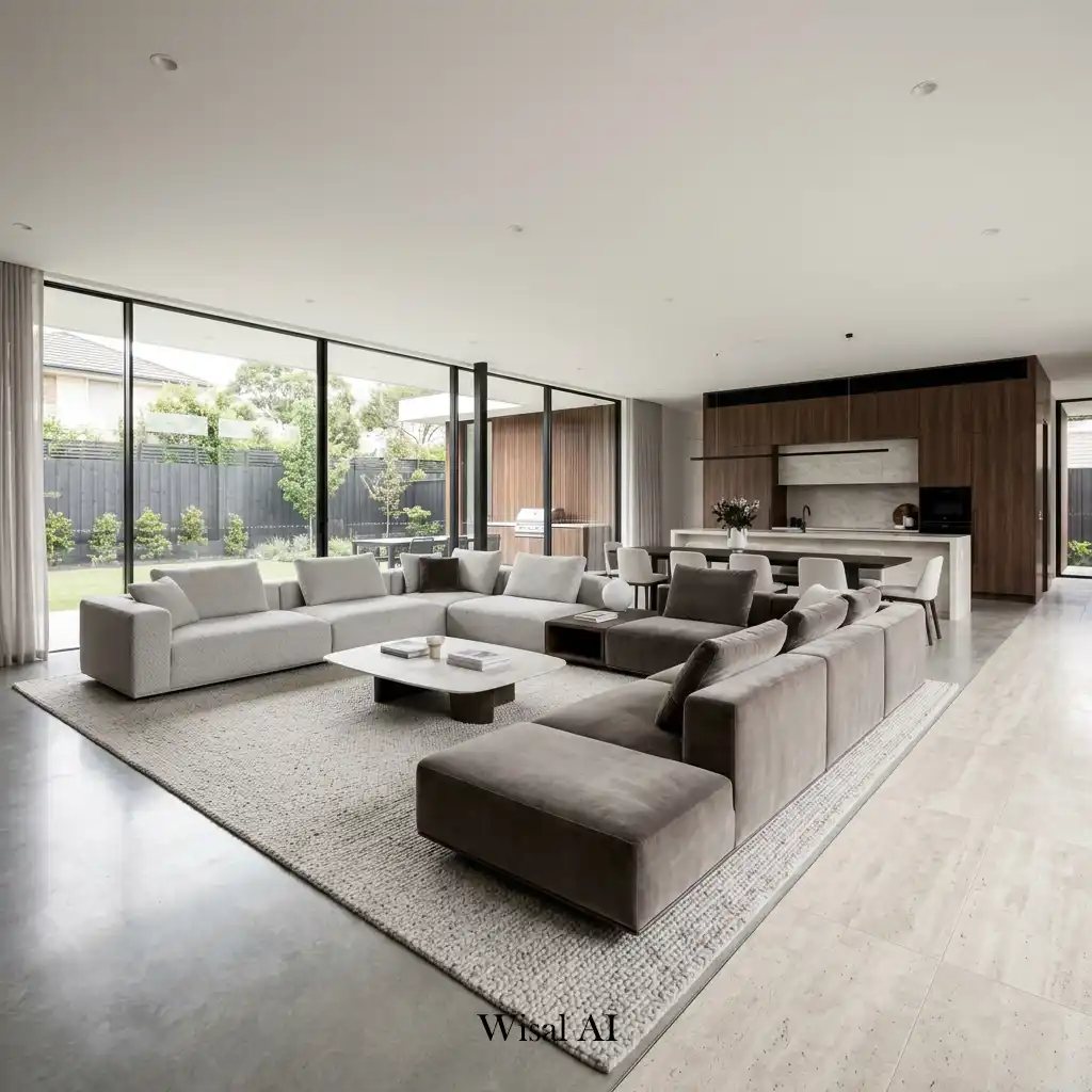 Luxury open concept interior with sophisticated furniture and premium finishes