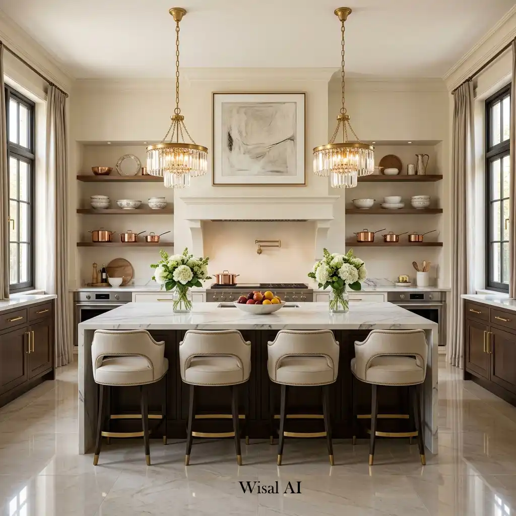 Luxury kitchen designed with perfect symmetry through balanced lighting and furniture placement.