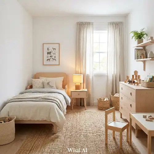 Scandinavian kids bedroom with minimalist wooden furniture and soft neutral tones