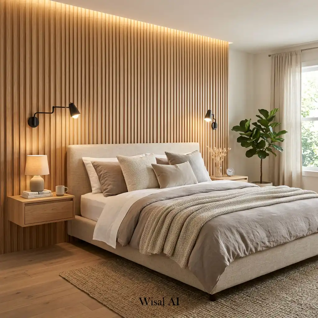 Modern bedroom with a textured accent wall and warm neutral palette.