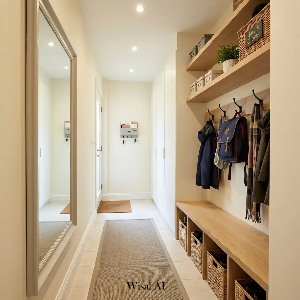 Narrow mudroom featuring space-saving storage and efficient vertical organization