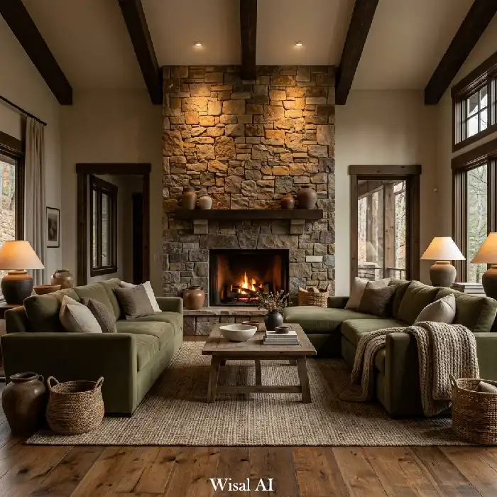 Rustic olive green living room with large stone fireplace, wood beams, and cozy seating area