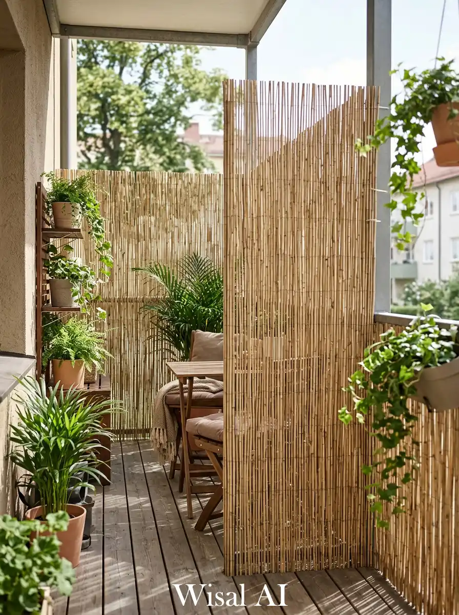 Reed screens filtering light on balcony space