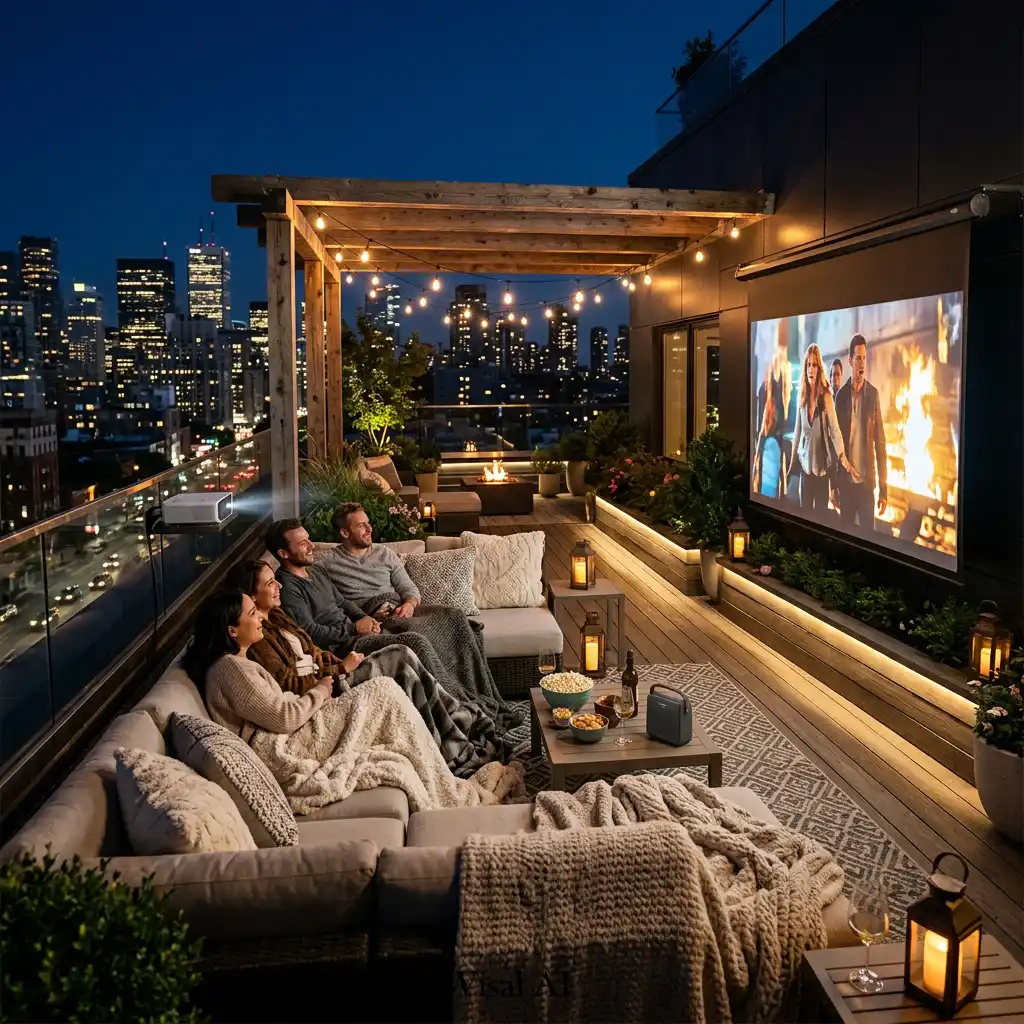 Rooftop outdoor cinema with a projector screen and comfortable lounge furniture