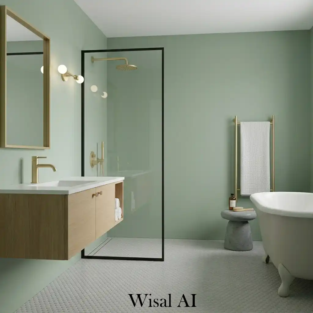 Gold accents sage green luxury bathroom elegant style
