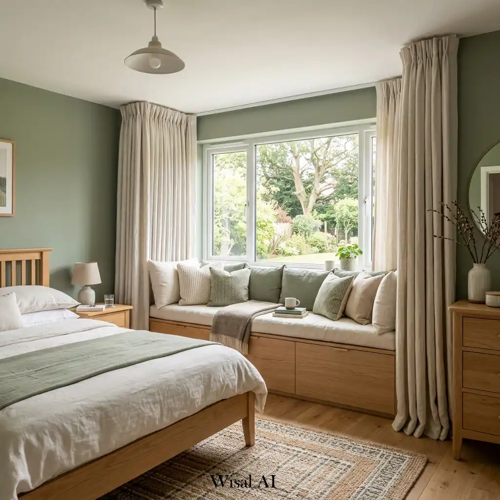 Sage green bedroom with a custom white oak window seat and hidden storage.
