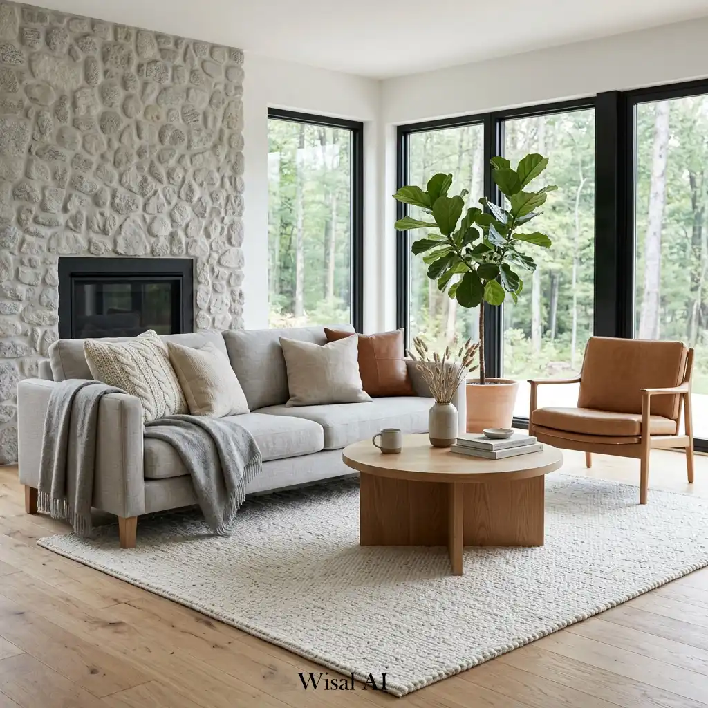 Interior with wood, linen, and stone materials in Scandinavian design