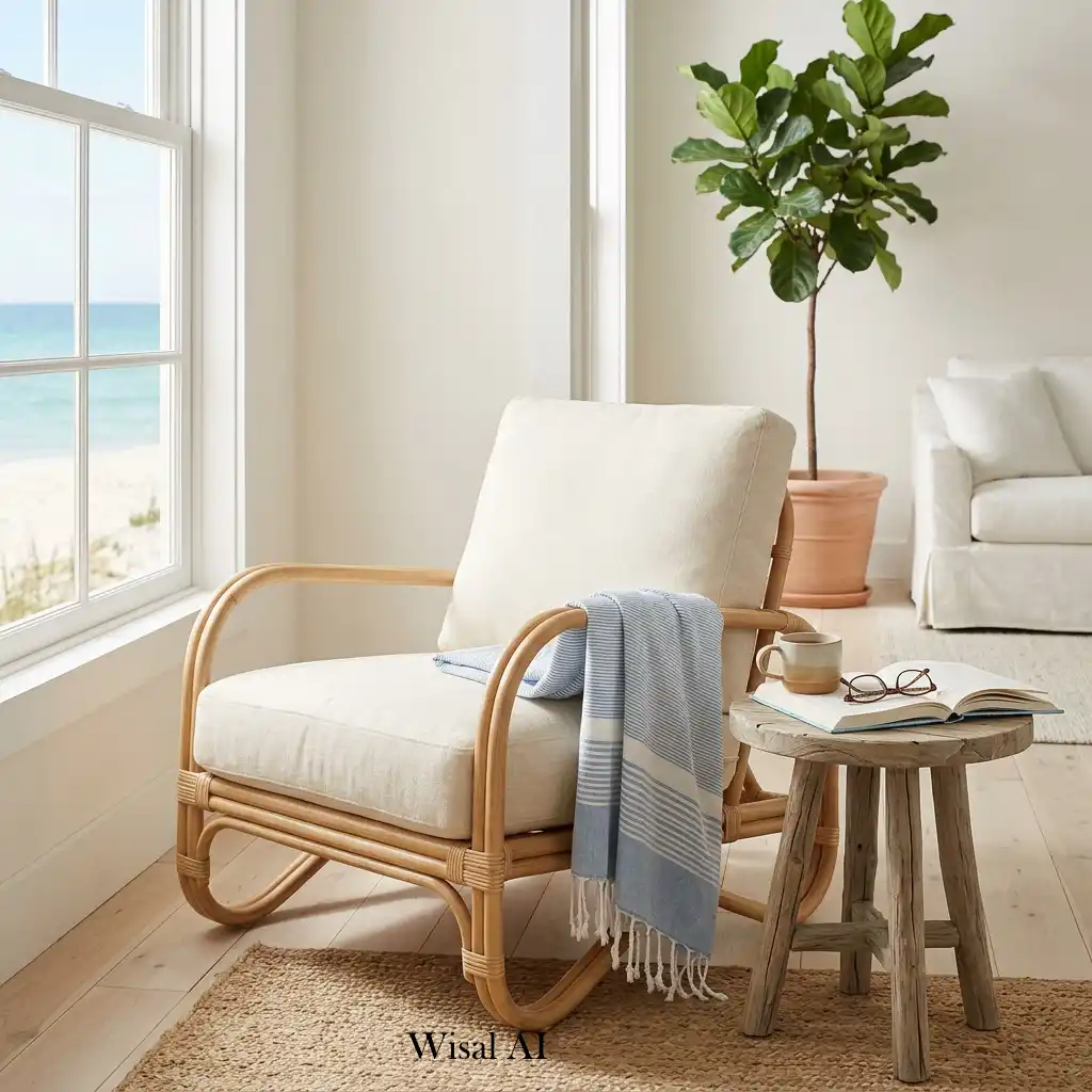 Cozy coastal reading corner with a lounge chair and natural light.