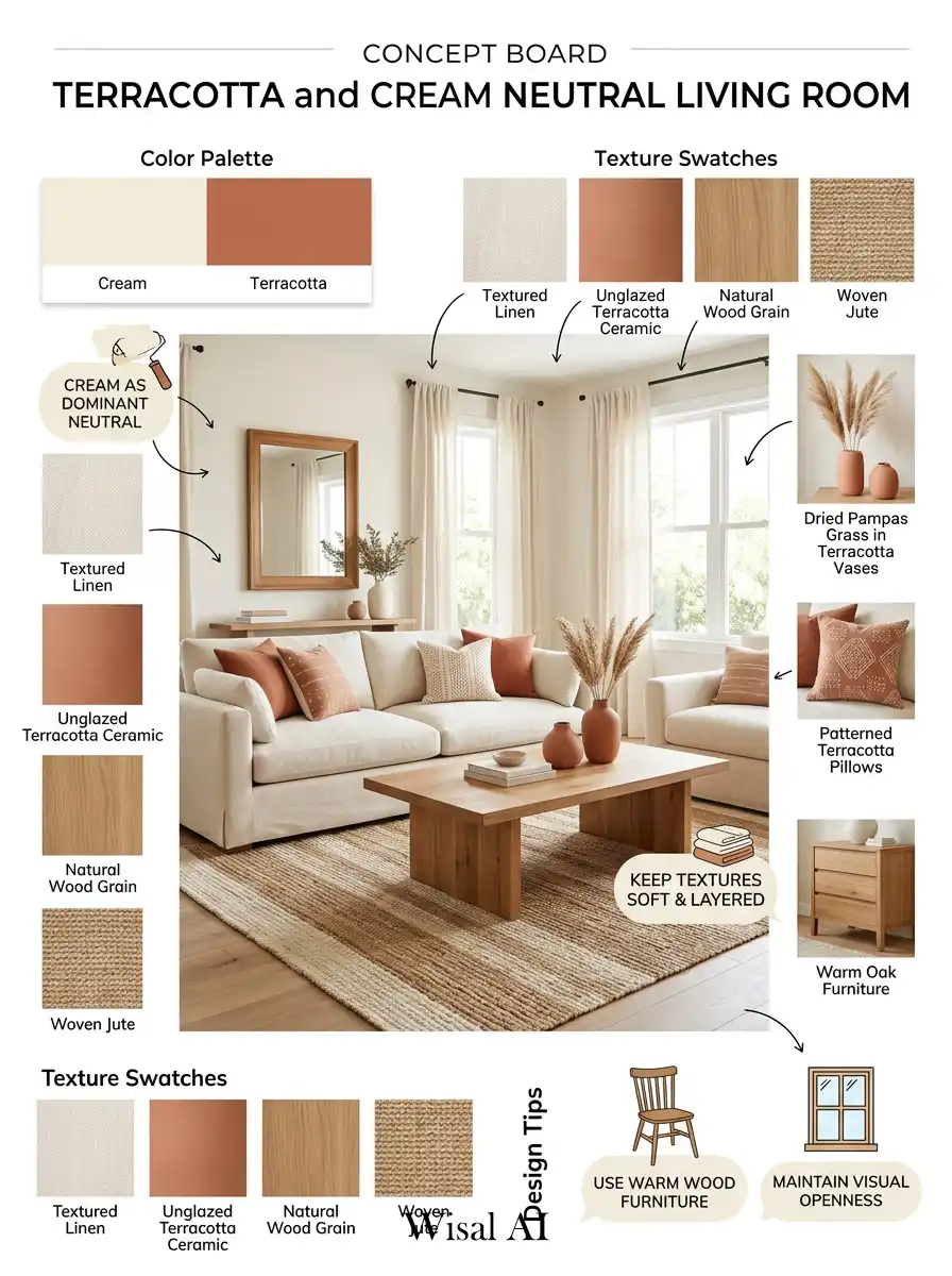 16. Terracotta and Cream Neutral Living Room Concept